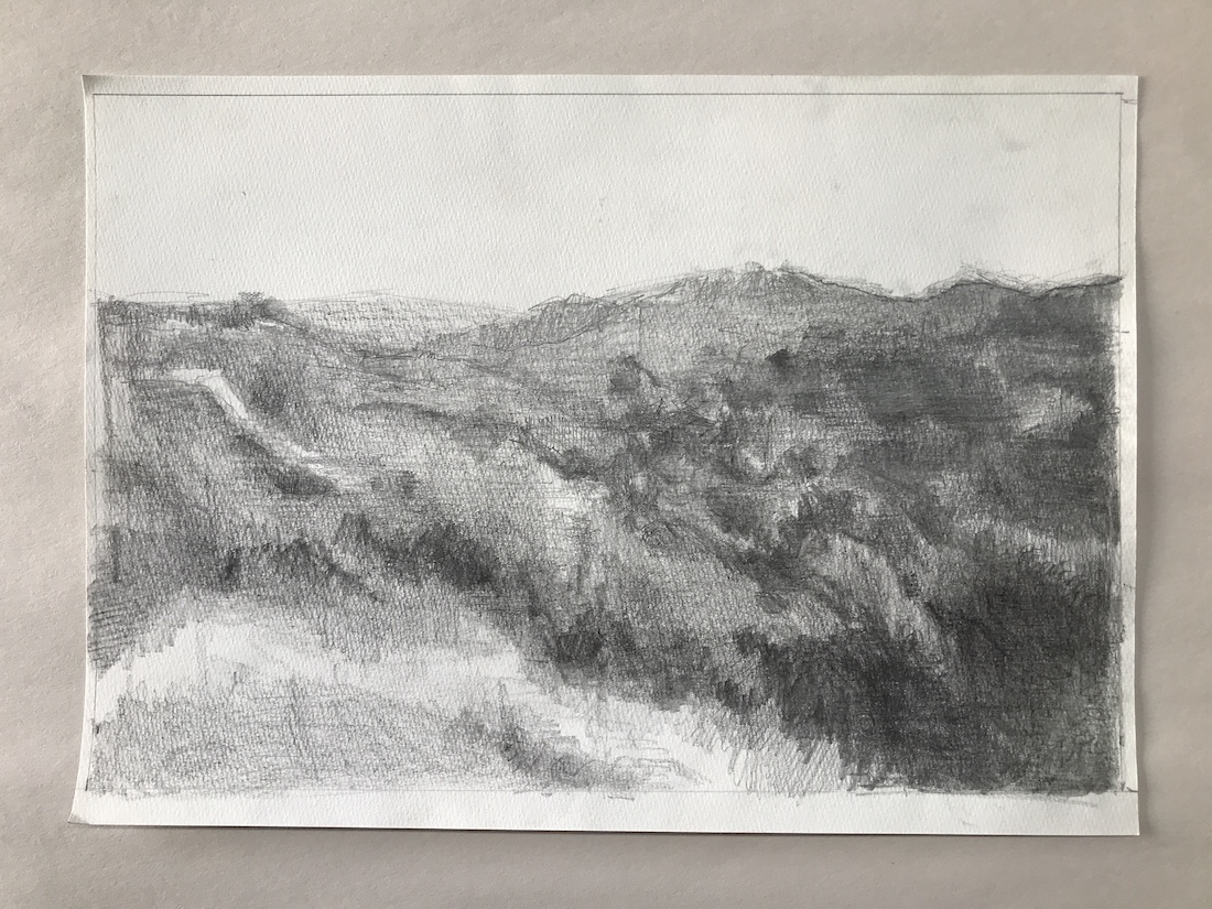 Pencil on paper drawing of a view of Fryman Canyon, Los Angeles