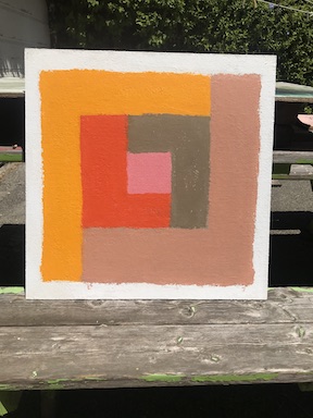 A work--in-progress photograph of an acrylic painting placed outside on an old picnic bench
